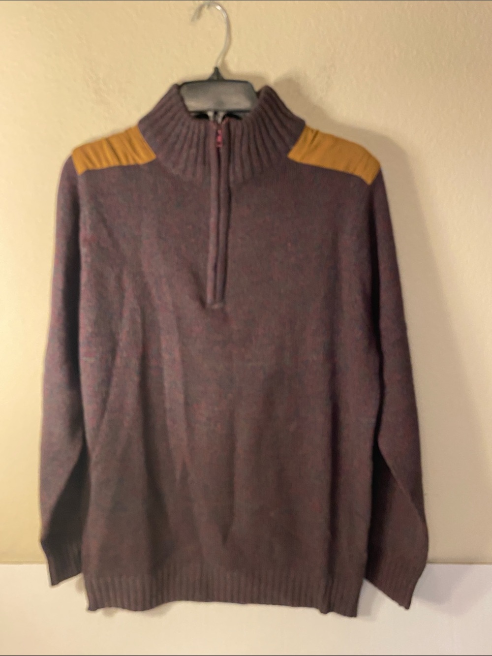 Woman’s  Zip-Front Marled Brown Sweater with Tan Shoulder Panels